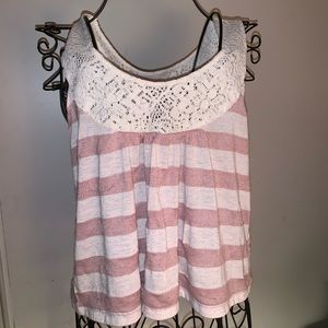 Pink striped blouse with white neckline design